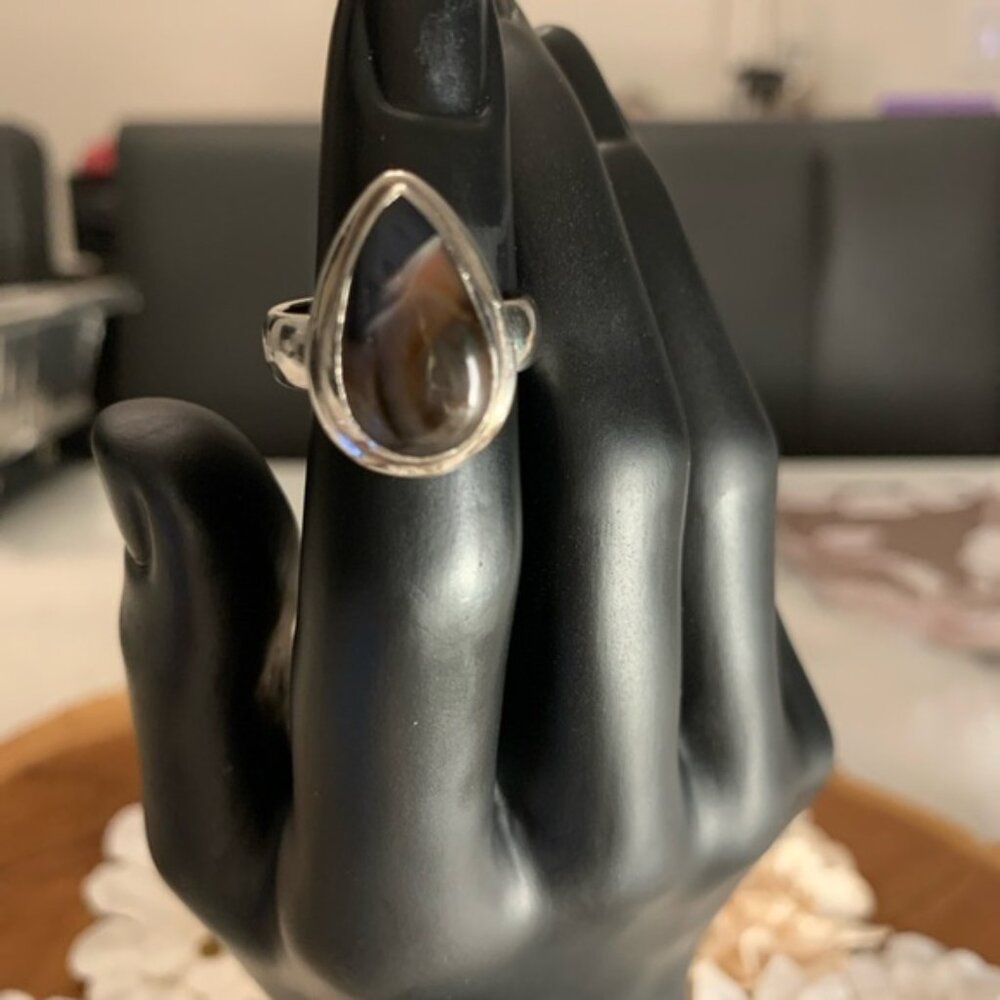 Chic Silver and Smoky Brown Onyx Stone Teardrop Ring